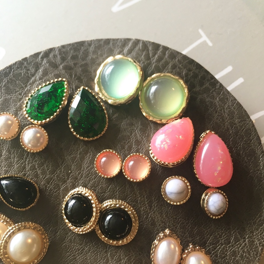 12 Pairs Retro Opal Enamel Stud Gold Earrings Set - Picture 8 of 11